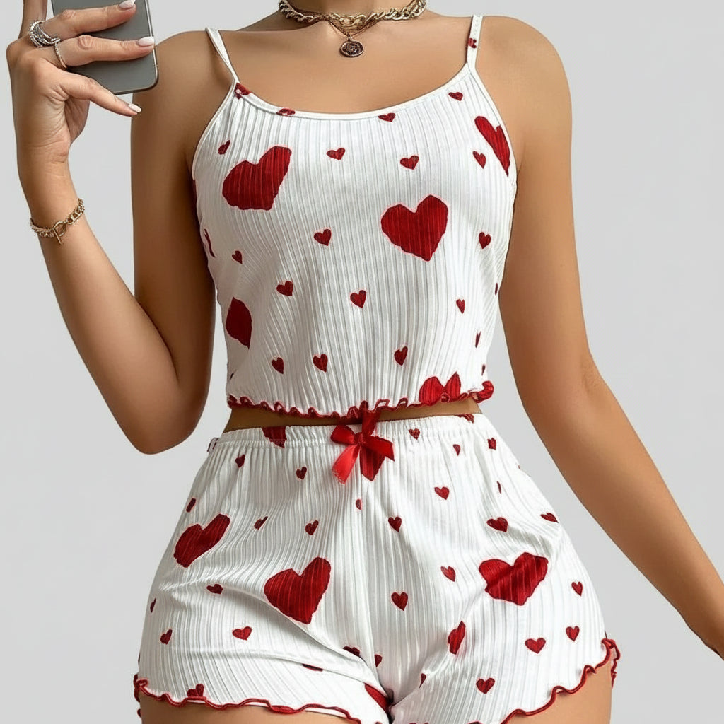 Women’s 2PCS Heart Print Pajama Set, Sleeveless Crop Top and Shorts, Soft Comfy Sleepwear Loungewear for Summer Nightwear Velmy Prestige