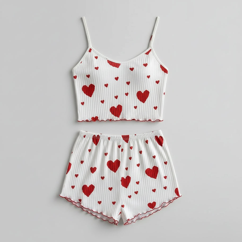Women’s 2PCS Heart Print Pajama Set, Sleeveless Crop Top and Shorts, Soft Comfy Sleepwear Loungewear for Summer Nightwear Velmy Prestige