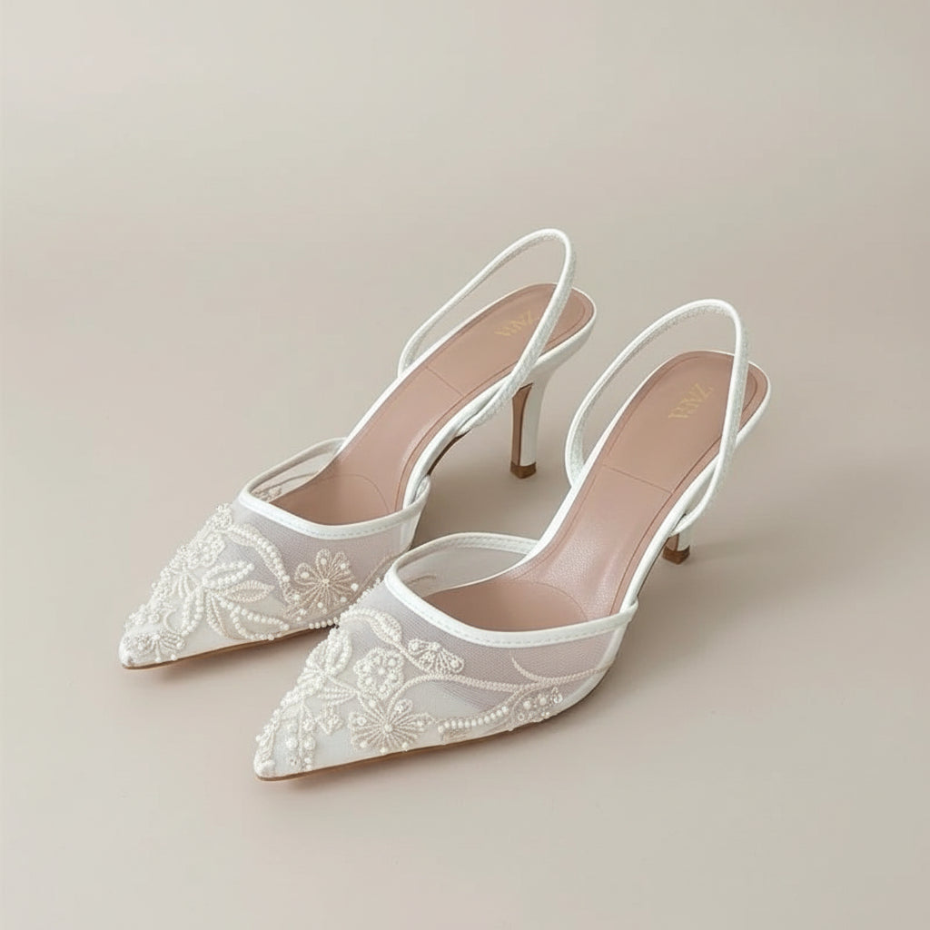 White Embroidered Pearl High Heels Women's Summer New Net Lace Pointed Toe Wrap Head Sandals European Style Sharp Elbow Shoes Velmy Prestige