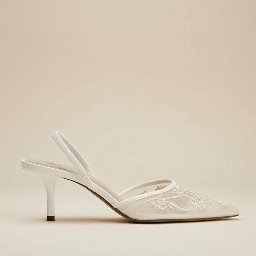 White Embroidered Pearl High Heels Women's Summer New Net Lace Pointed Toe Wrap Head Sandals European Style Sharp Elbow Shoes Velmy Prestige